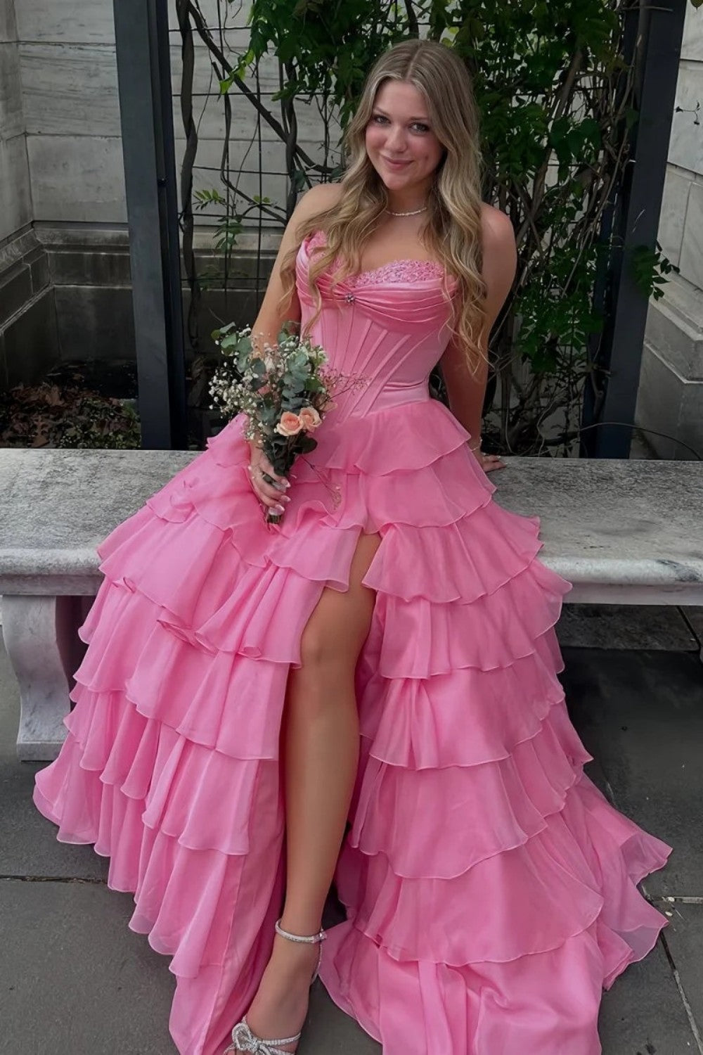 Princess A Line Sweetheart Red/Pink Corset Prom Dress with Ruffles
