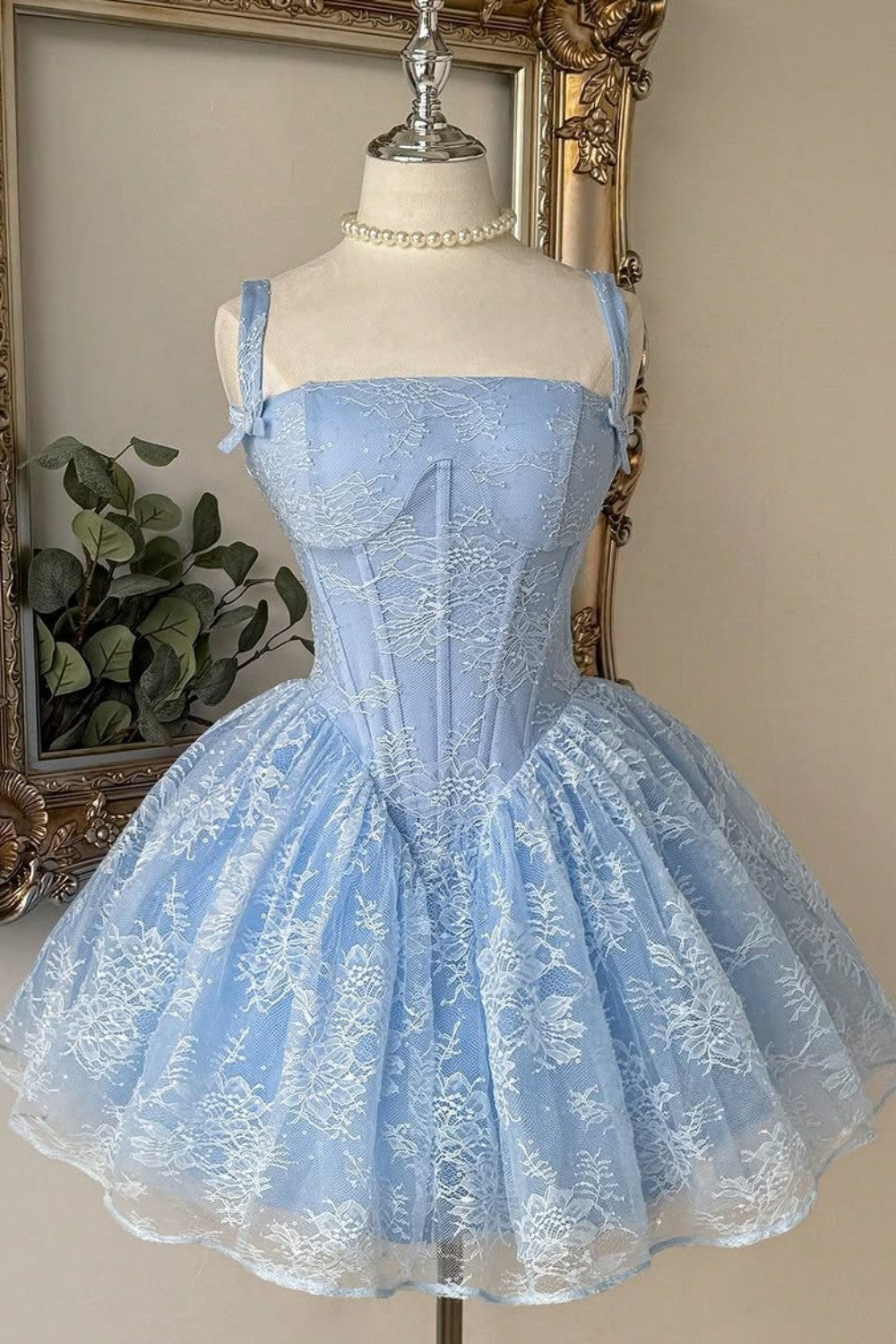 Princess Light Blue Lace Corset A-Line Homecoming Dress with Floral Tulle Skirt