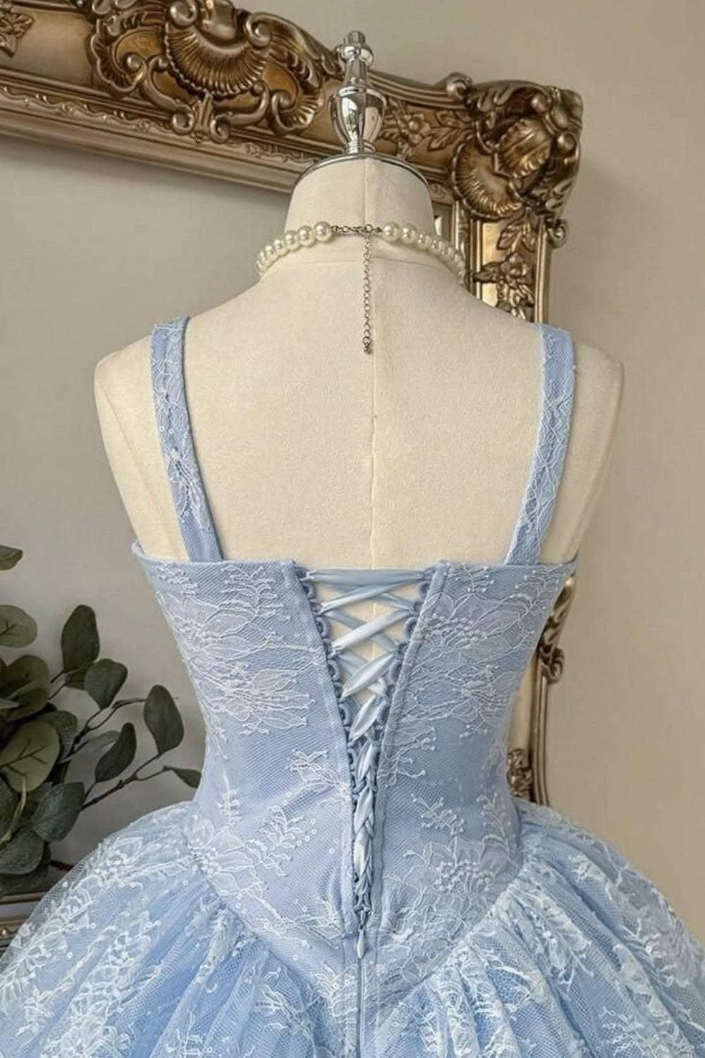 Princess Light Blue Lace Corset A-Line Homecoming Dress with Floral Tulle Skirt