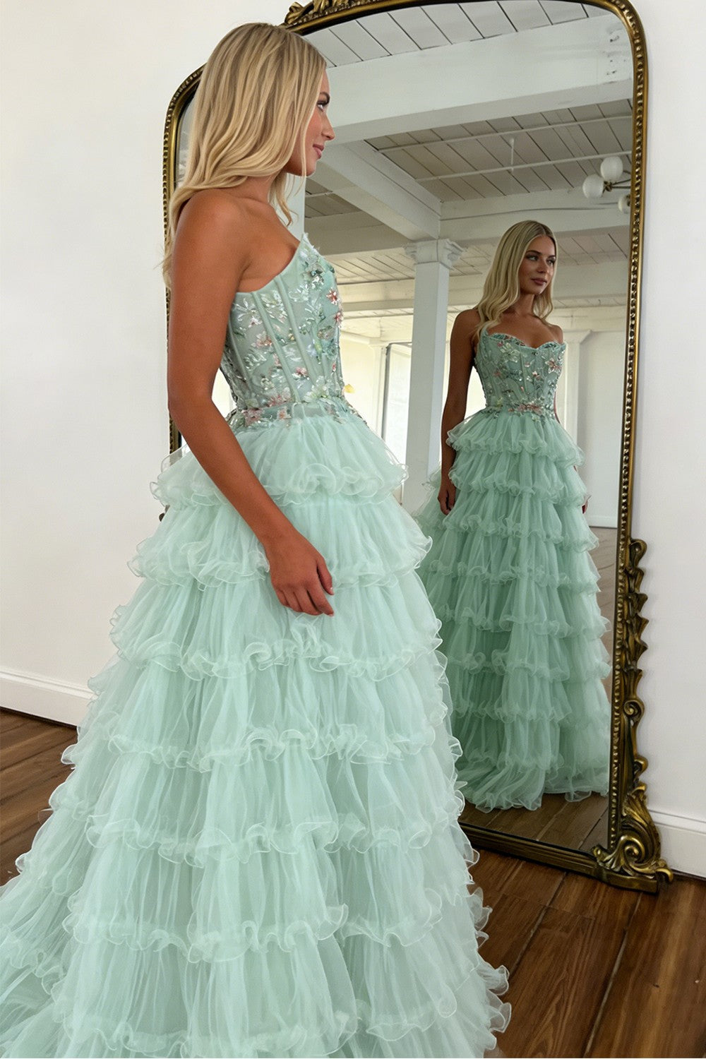 Princess Mint Green Tiered Tulle Prom Dress with Floral Embroidered Corset