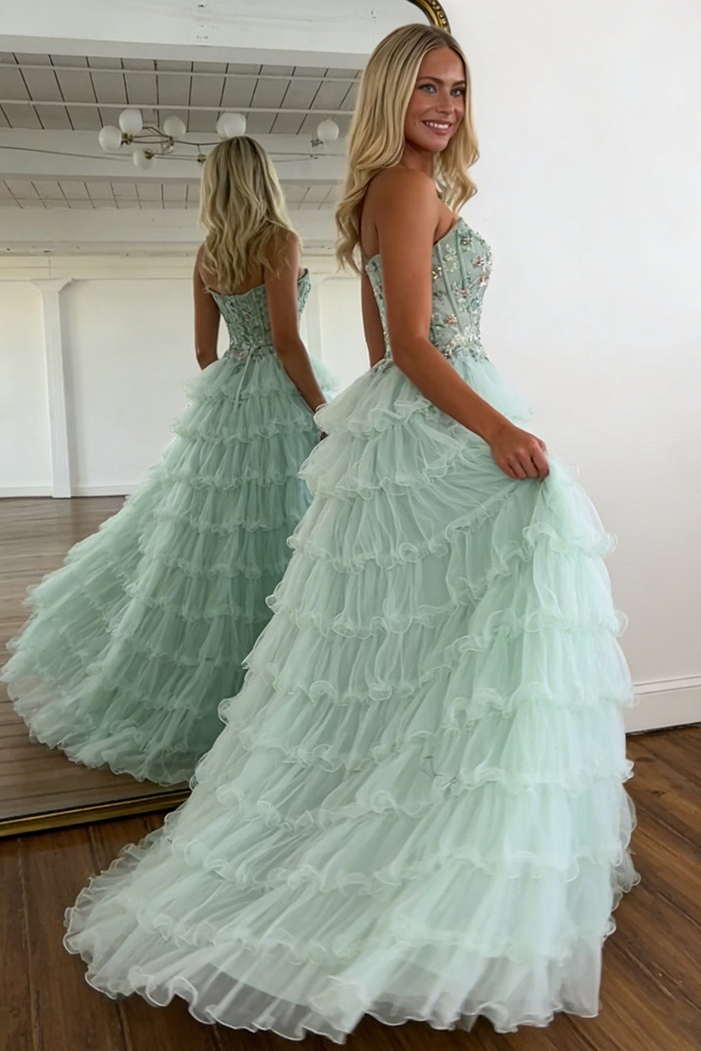 Princess Mint Green Tiered Tulle Prom Dress with Floral Embroidered Corset