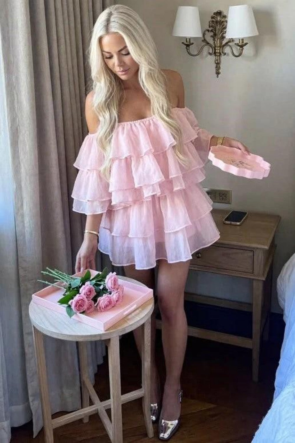 Princess Pink Off Shoulder Homecoming Dress with Tiered Ruffle Layers