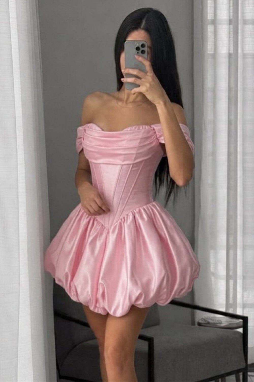 Princess Satin Off Shoulder Corset Mini Homecoming Dress with Bubble Skirt