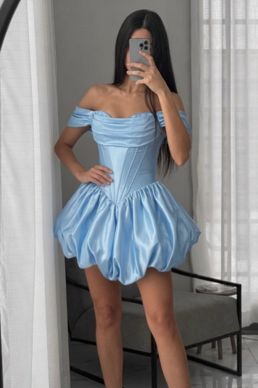 Princess Satin Off Shoulder Corset Mini Homecoming Dress with Bubble Skirt