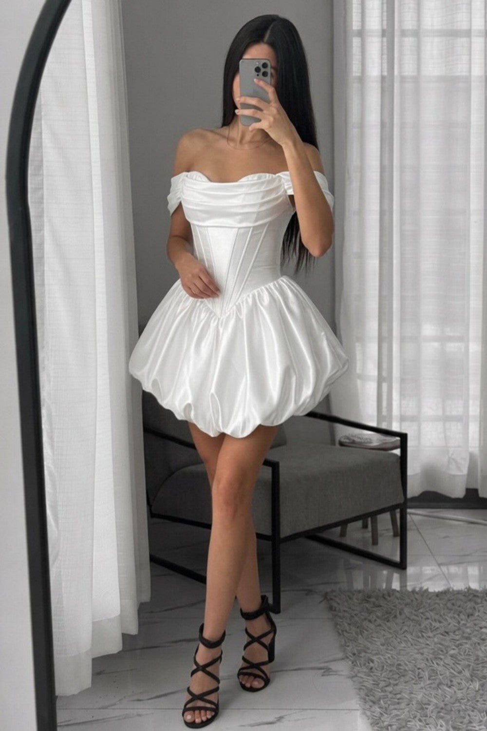 Princess Satin Off Shoulder Corset Mini Homecoming Dress with Bubble Skirt