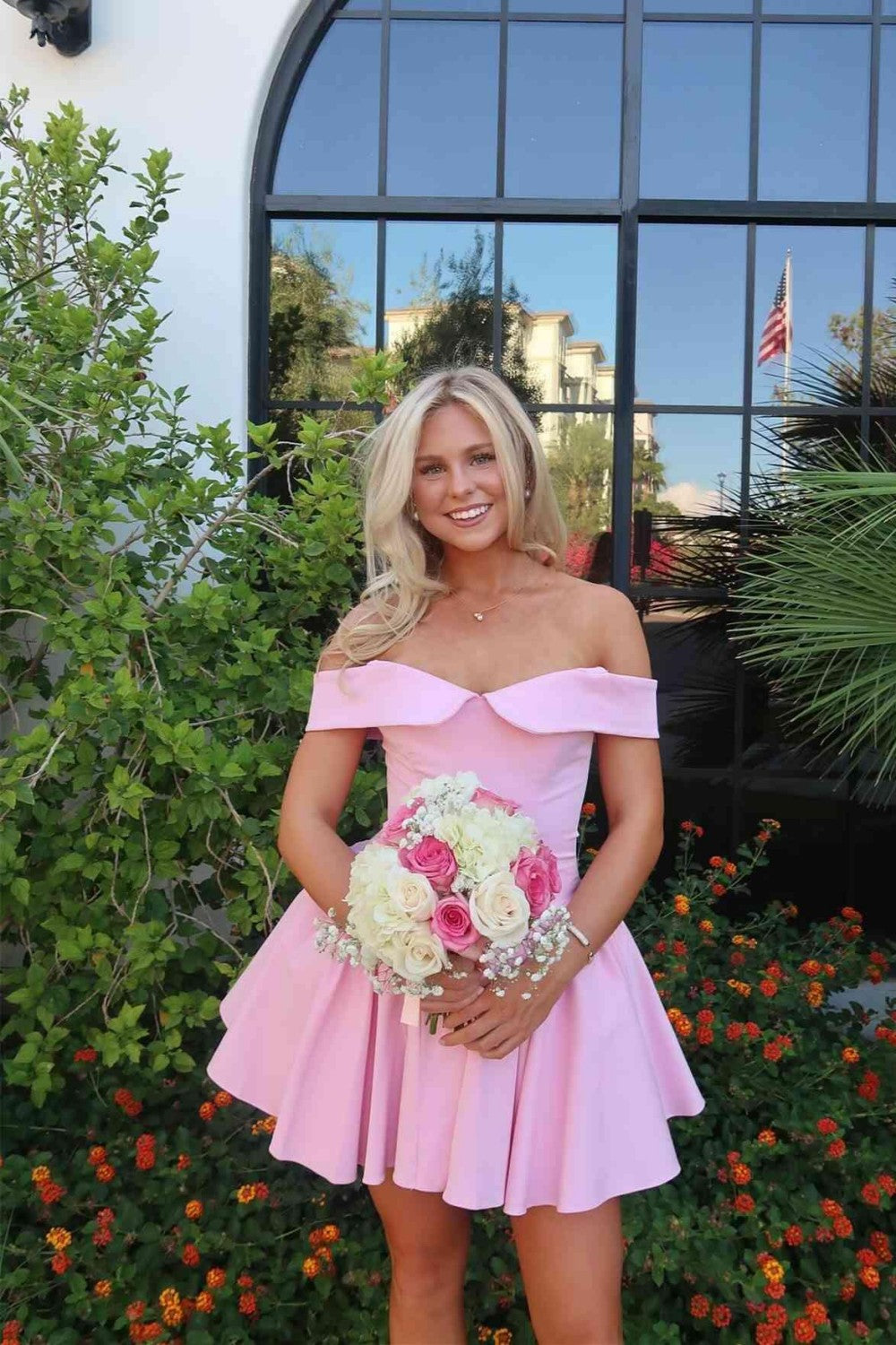 Princess Style Off The Shoulder Bodice Homecoming Dress with Flared Mini Skirt
