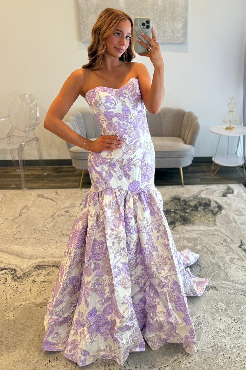 Purple Floral Strapless Mermaid Style Prom Dress with Court Train