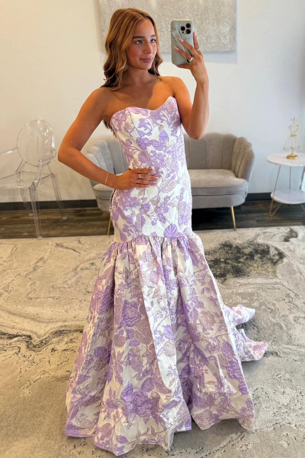 Purple Floral Strapless Mermaid Style Prom Dress with Court Train