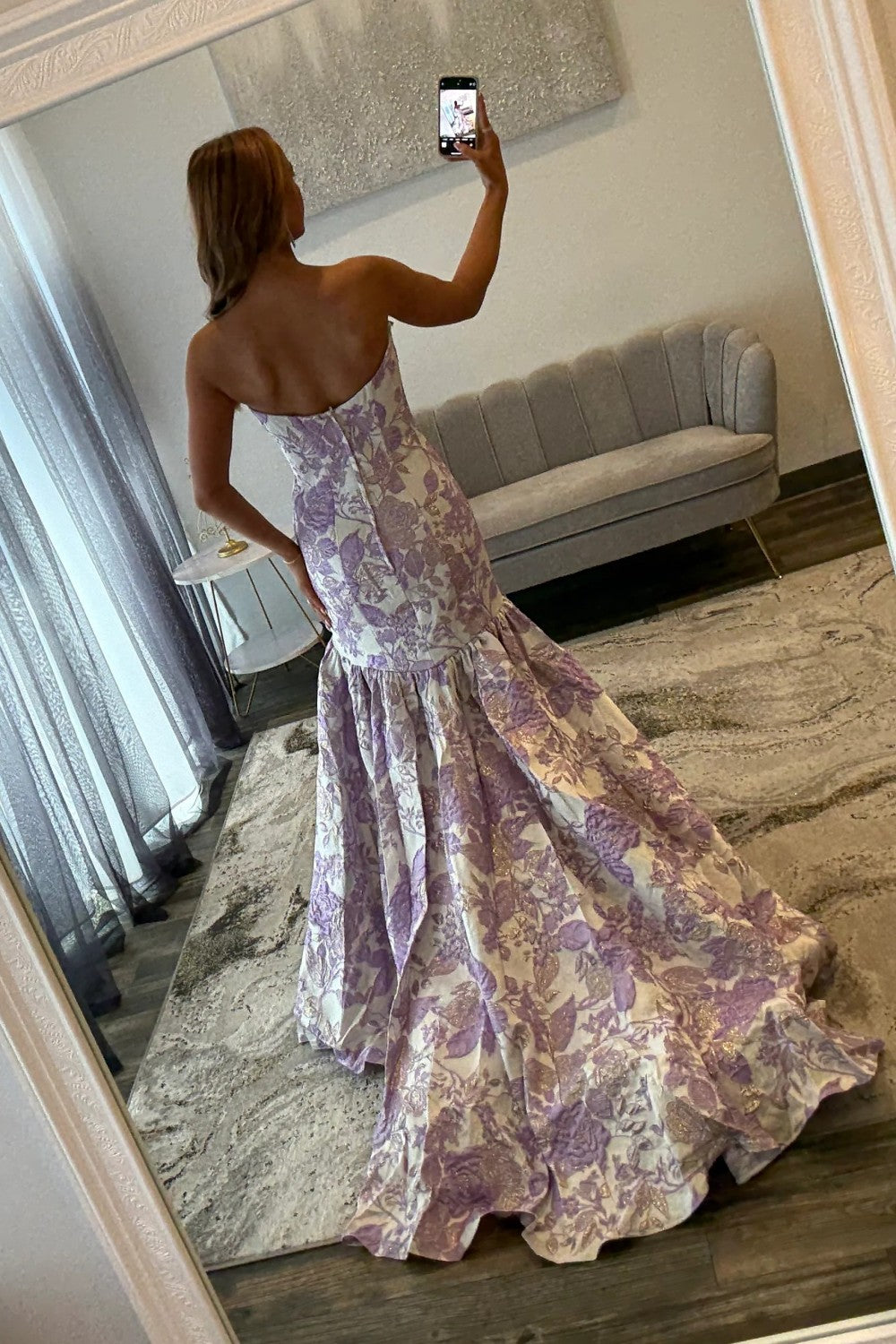 Purple Floral Strapless Mermaid Style Prom Dress with Court Train