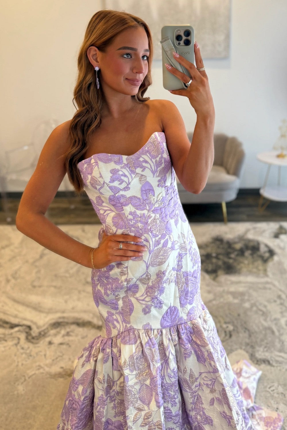 Purple Floral Strapless Mermaid Style Prom Dress with Court Train