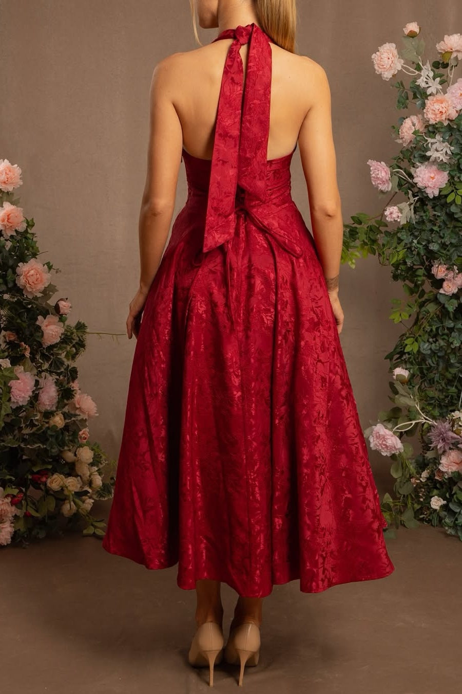 White Halter A-Line Jacquard Midi Prom Dress with Structured Corset Bodice