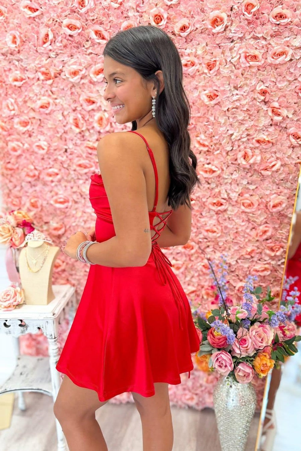 Red Fit and Flare Spaghetti Strap Lace Up Short Homecoming Dress