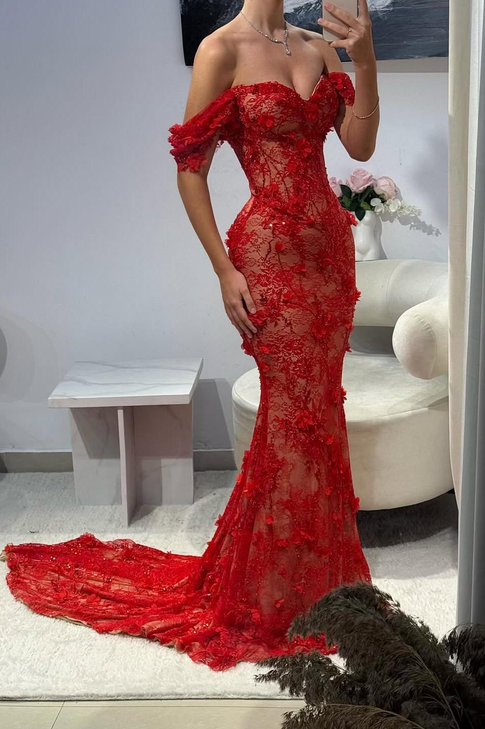 Red Off-Shoulder Lace Mermaid Prom Dress with Floral Appliqués