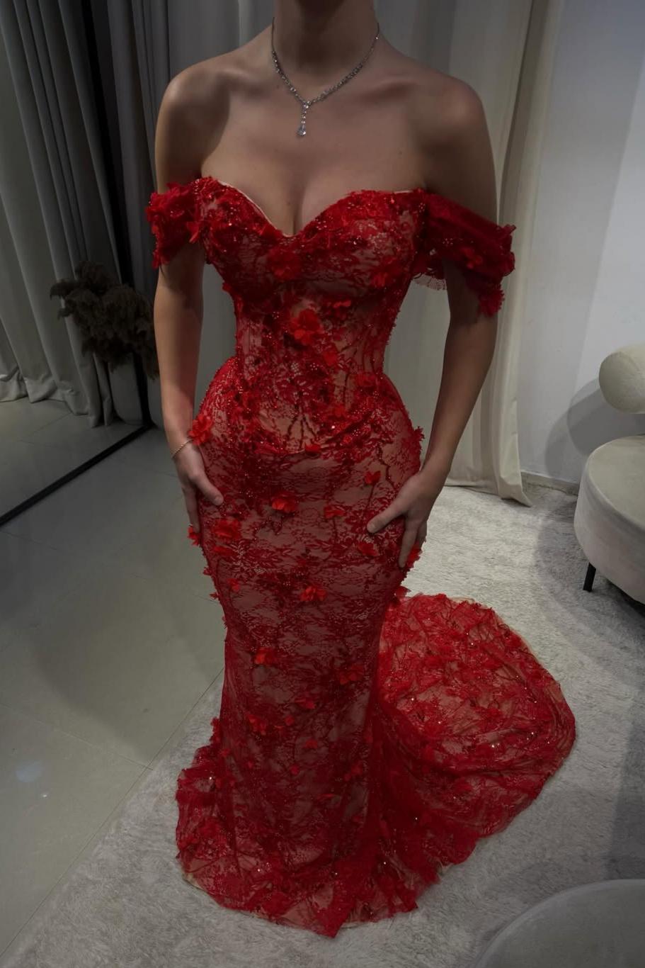 Red Off-Shoulder Lace Mermaid Prom Dress with Floral Appliqués
