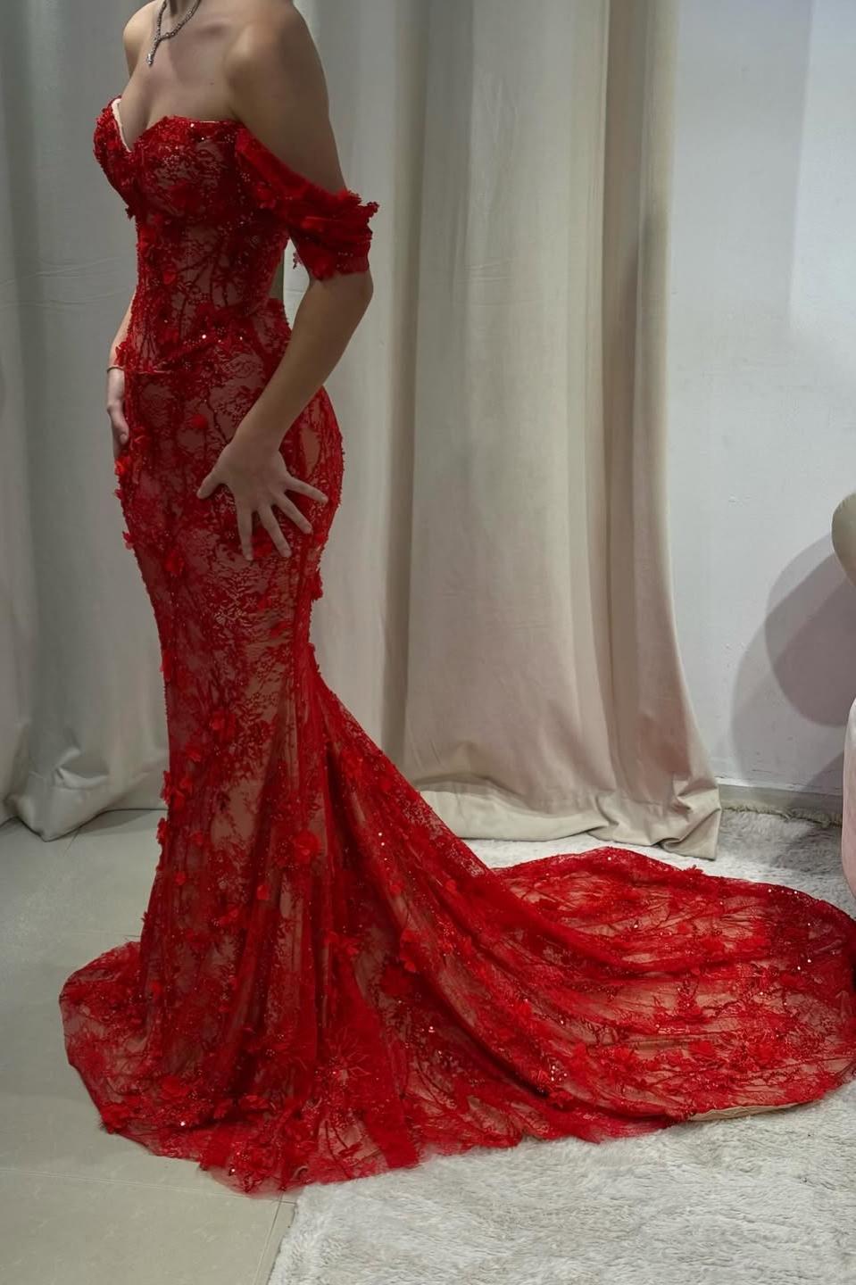 Red Off-Shoulder Lace Mermaid Prom Dress with Floral Appliqués