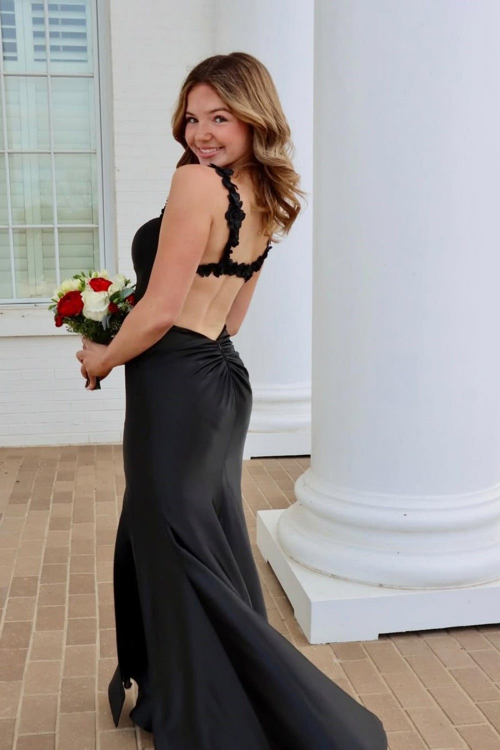 Red Satin Mermaid Prom Dress with Floral Strap Detailing and High Leg Slit