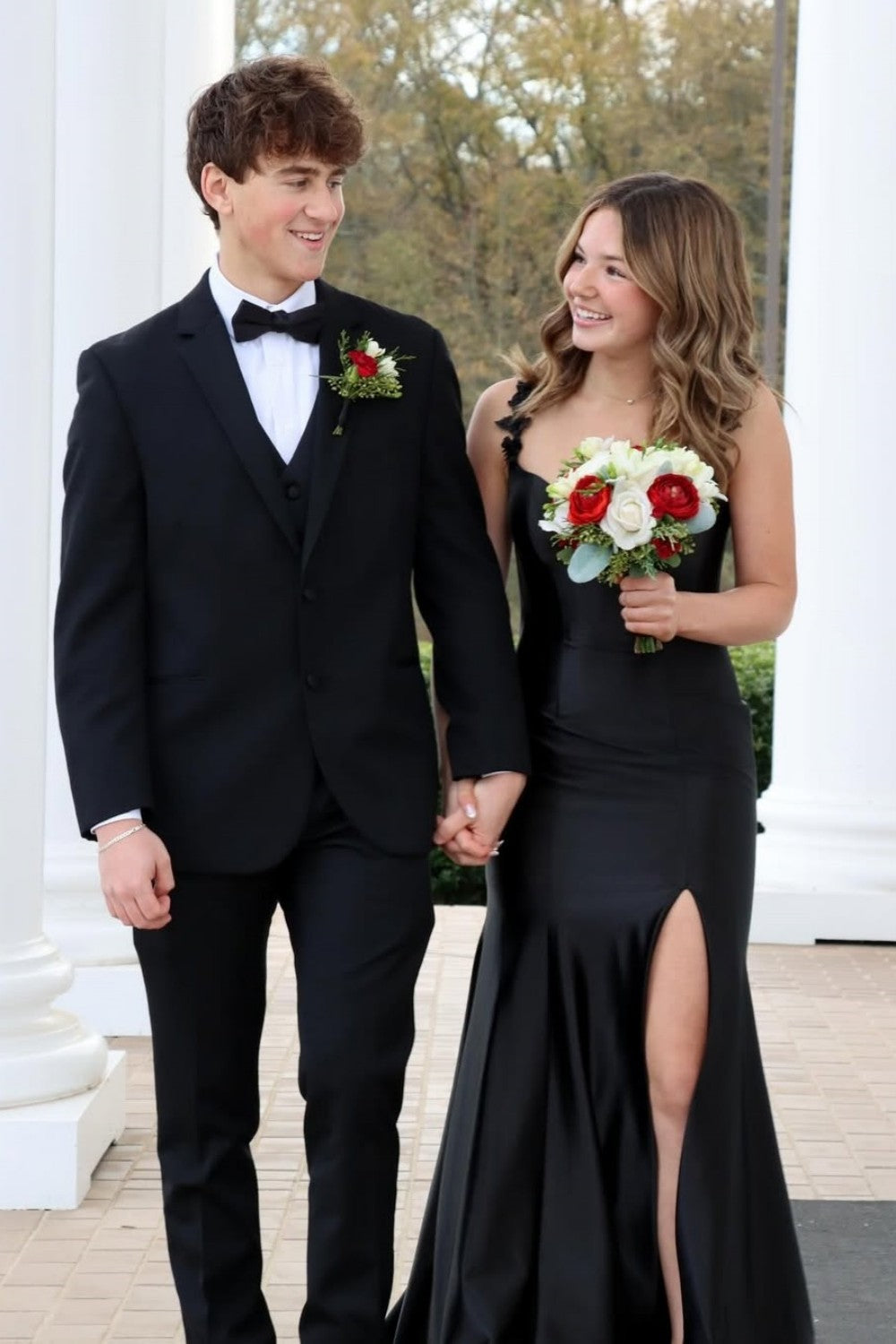 Red Satin Mermaid Prom Dress with Floral Strap Detailing and High Leg Slit