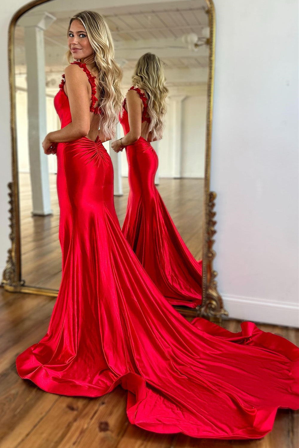Red Satin Mermaid Prom Dress with Floral Strap Detailing and High Leg Slit