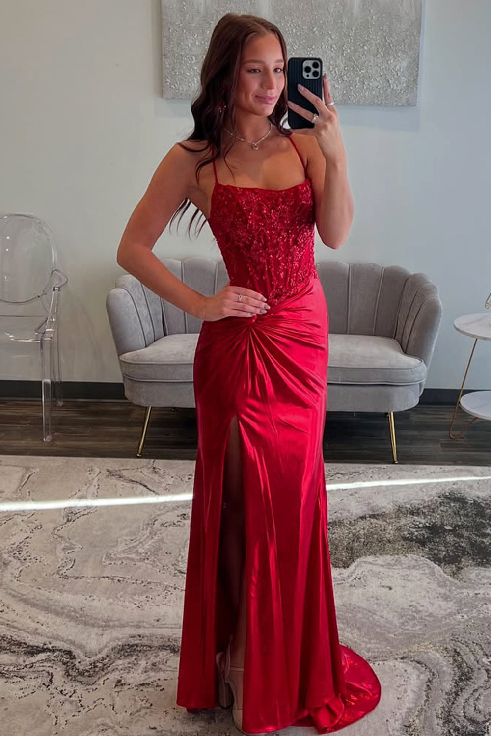 Red Spaghetti Strap Prom Dress with Lace Bodice and Crisscross Open Back