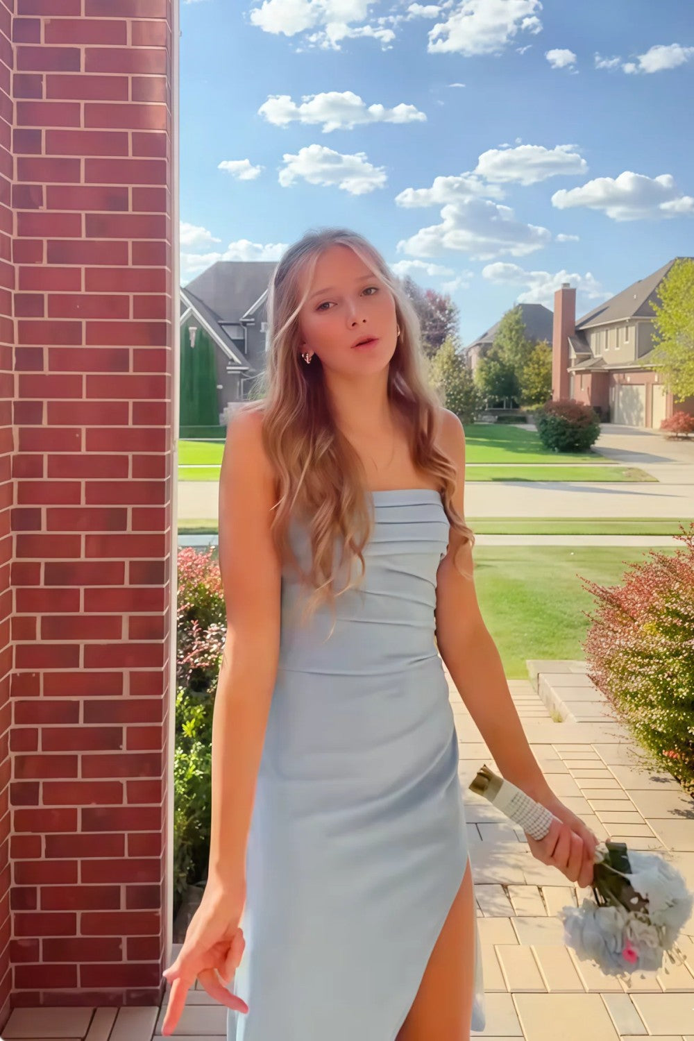 Red Strapless Ruched Strapless Long Mermaid Prom Dress with High Slit
