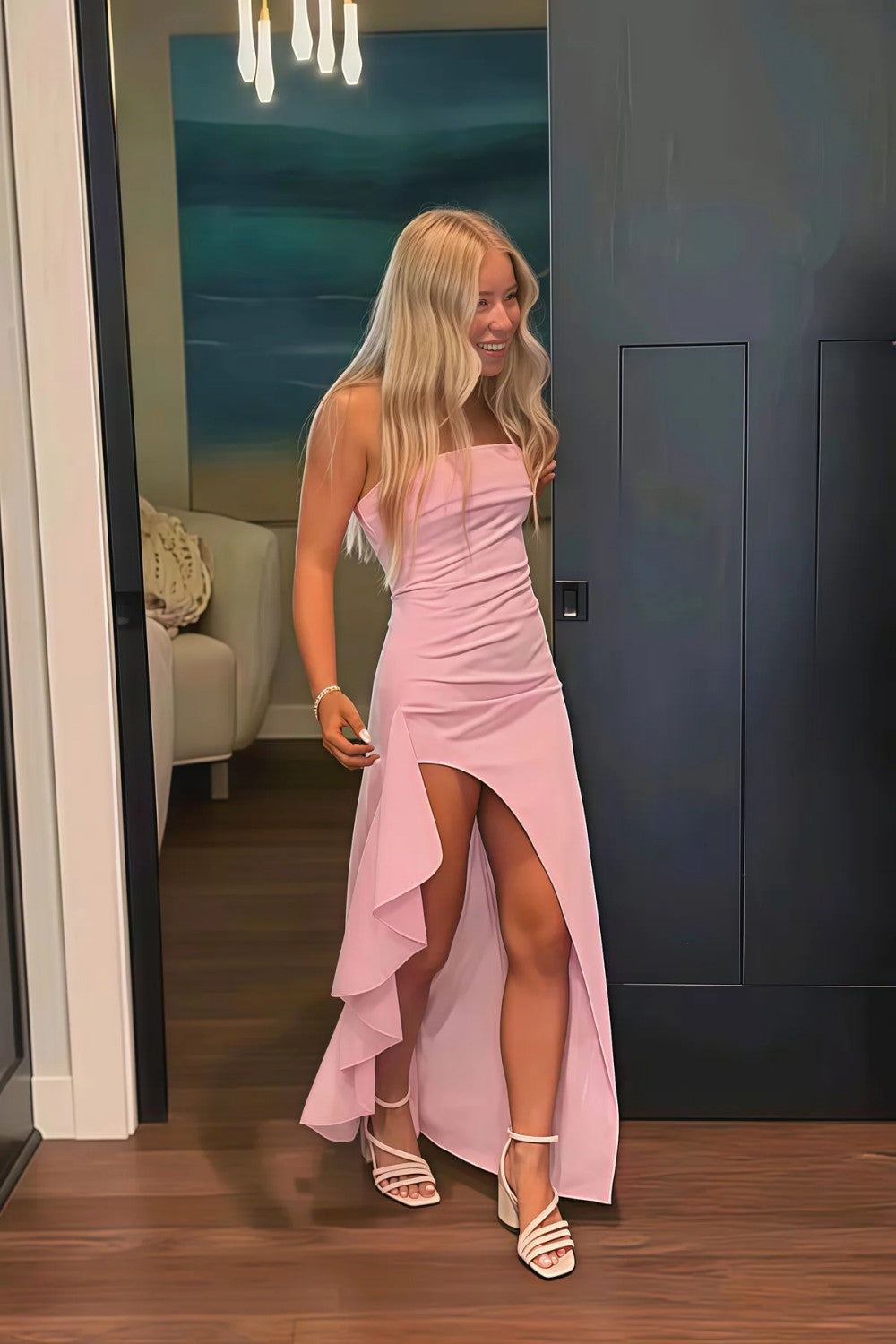 Red Strapless Ruched Strapless Long Mermaid Prom Dress with High Slit
