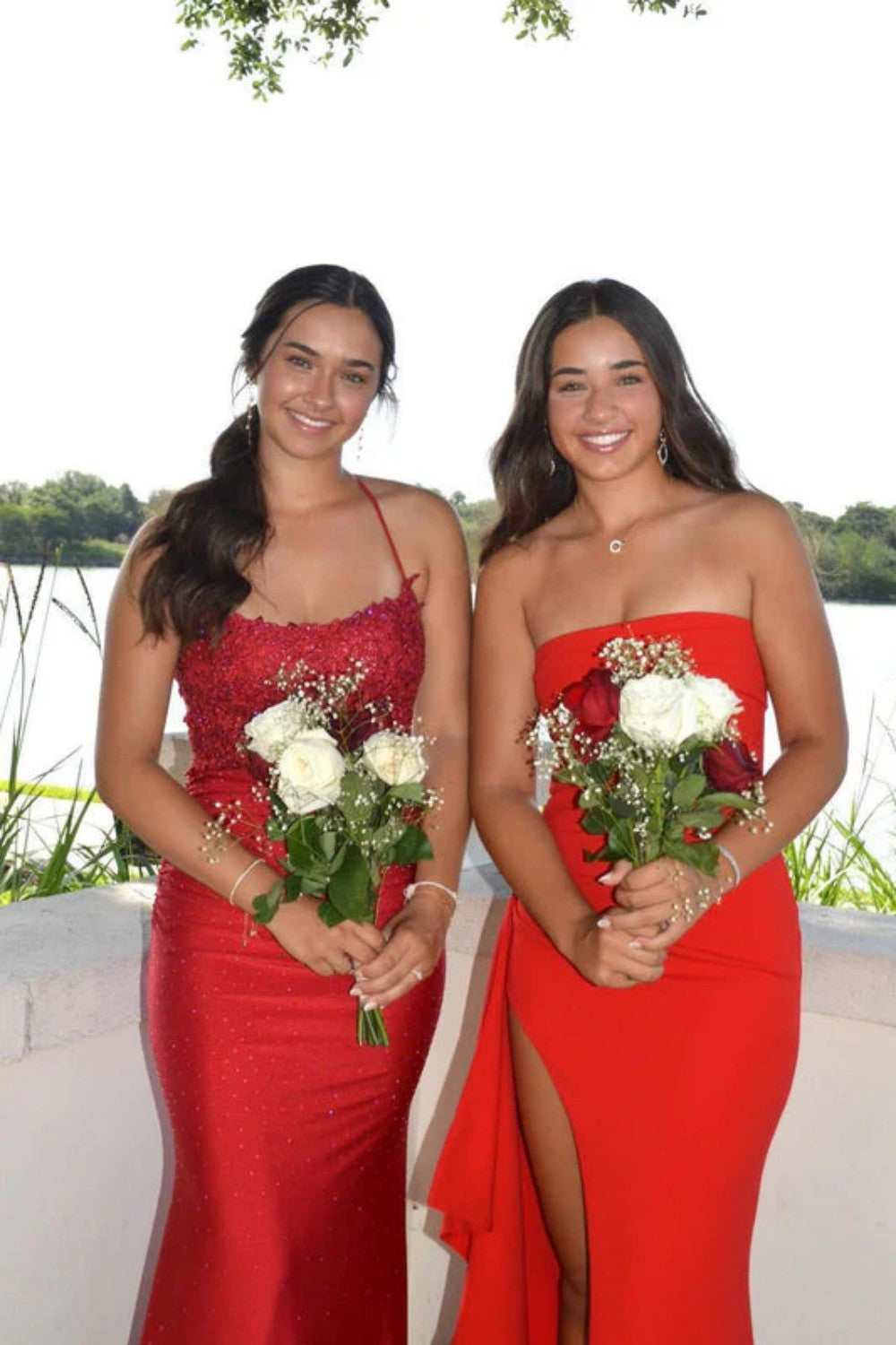 Red Strapless Ruched Strapless Long Mermaid Prom Dress with High Slit