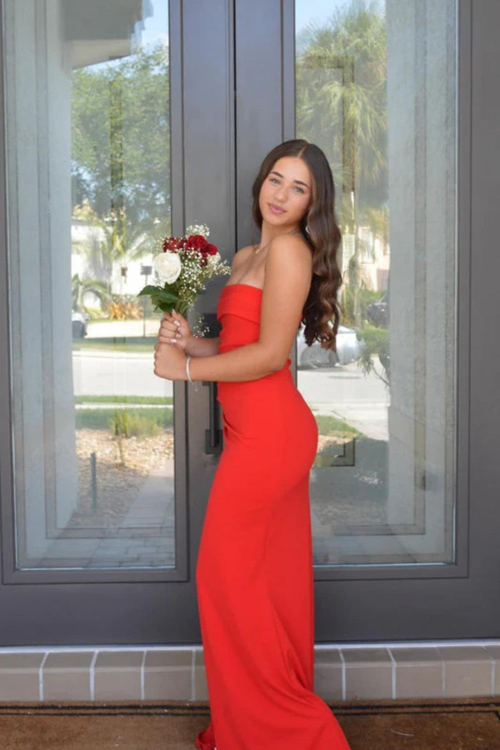 Red Strapless Ruched Strapless Long Mermaid Prom Dress with High Slit