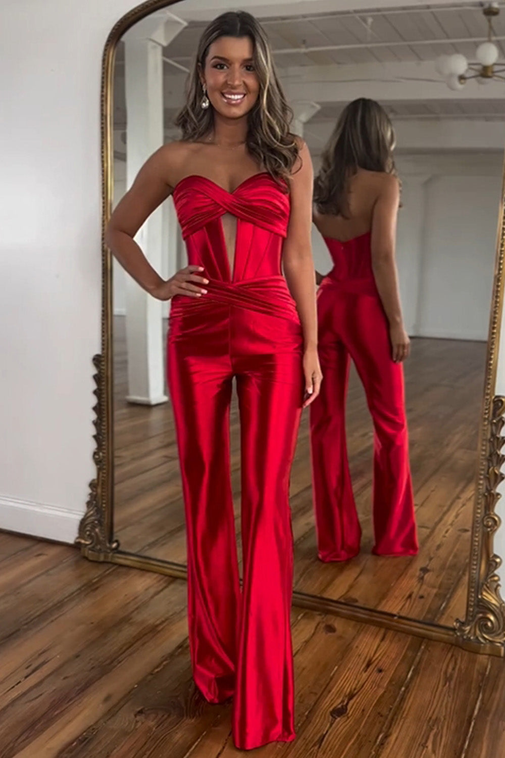 Red Sweetheart Strap Metallic Long Prom Jumpsuit with Corset Bodice