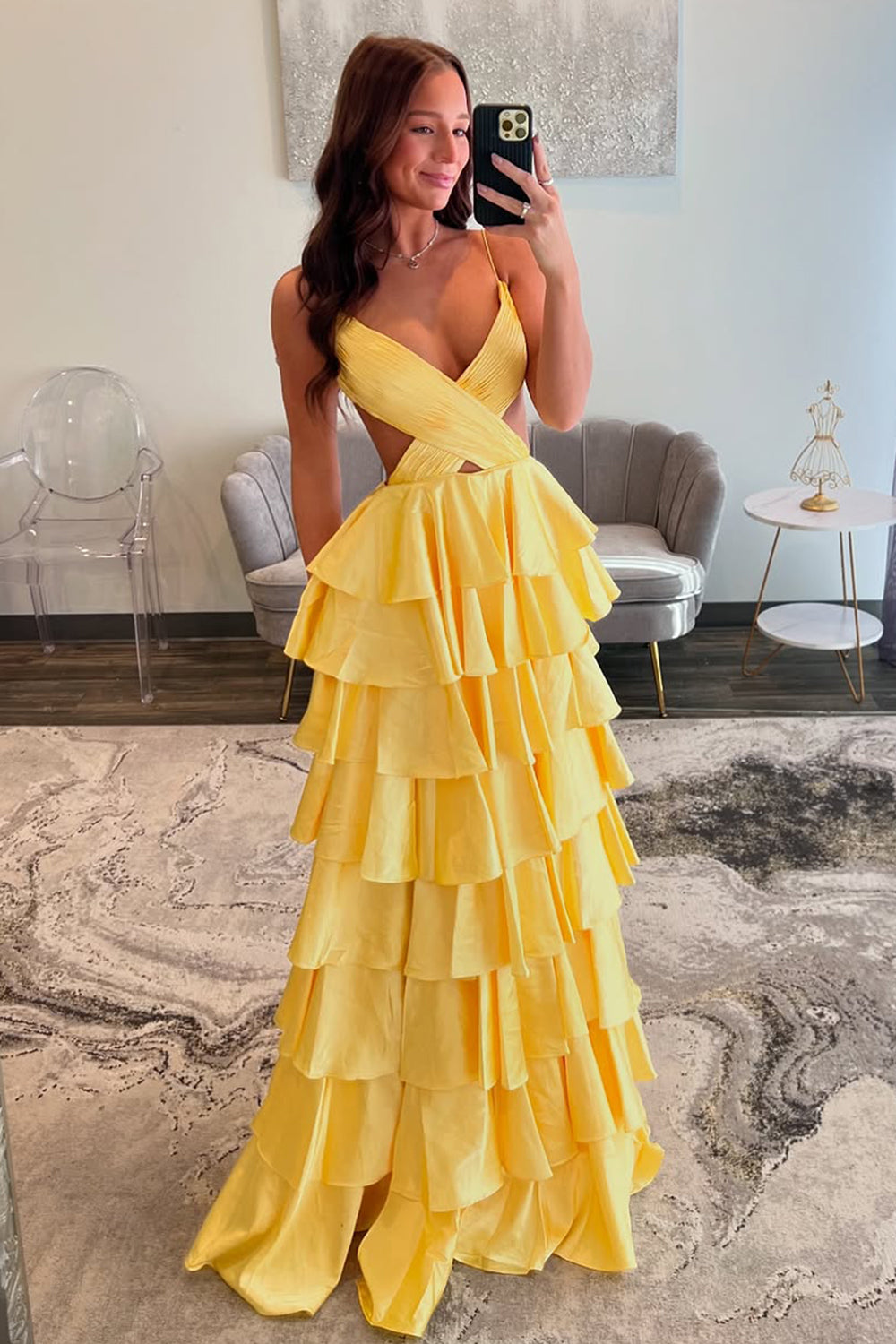 Red Tiered Ruffle A-Line Satin Prom Dress with Deep V-Neck & Cutout Waist
