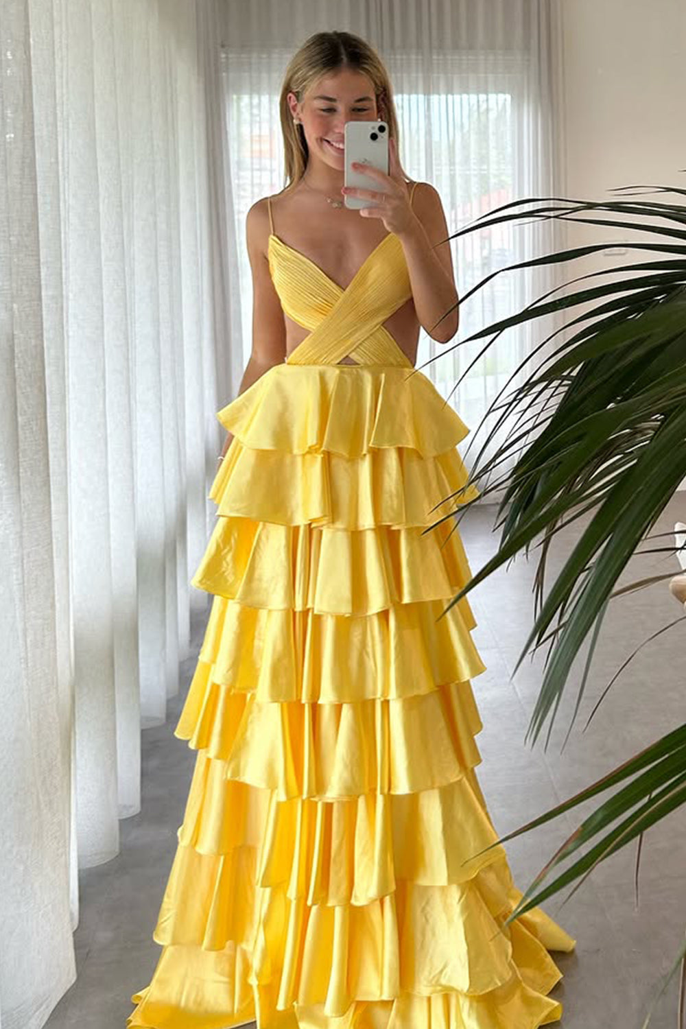 Red Tiered Ruffle A-Line Satin Prom Dress with Deep V-Neck & Cutout Waist