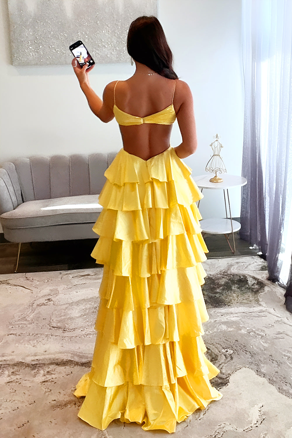 Red Tiered Ruffle A-Line Satin Prom Dress with Deep V-Neck & Cutout Waist