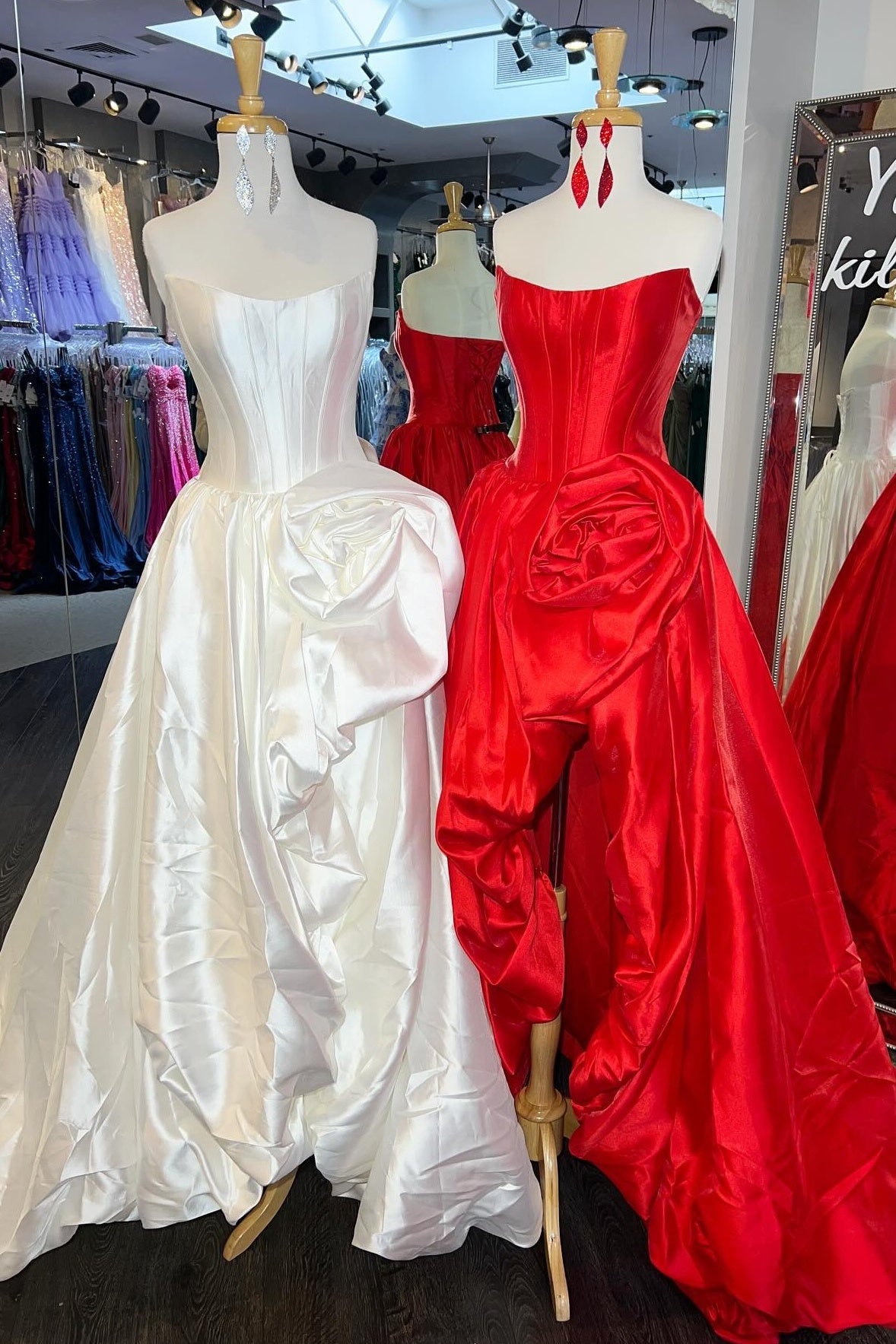 Romantic A-Line Rose-Embellished Strapless Satin Prom Gown