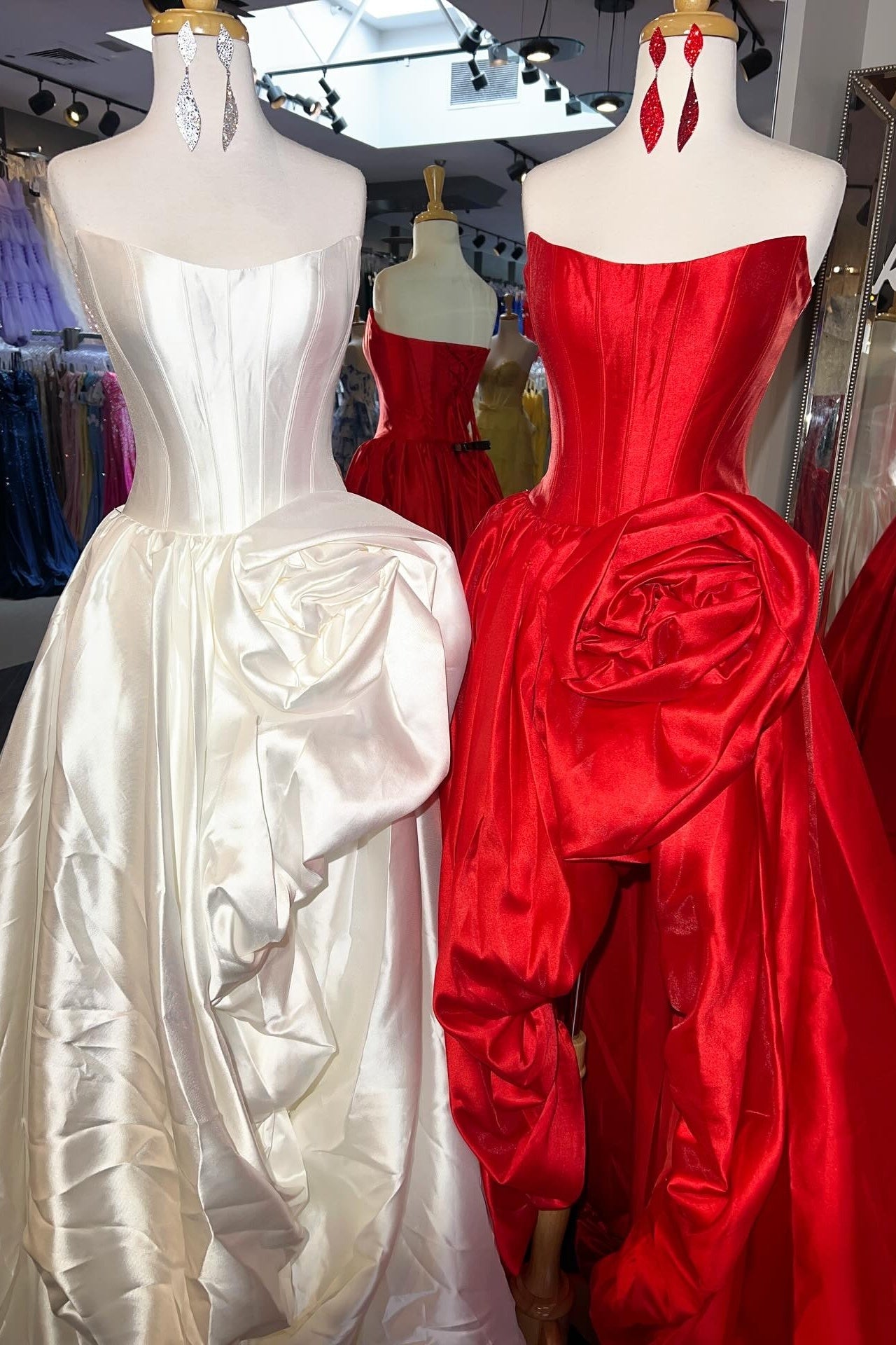 Romantic A-Line Rose-Embellished Strapless Satin Prom Gown
