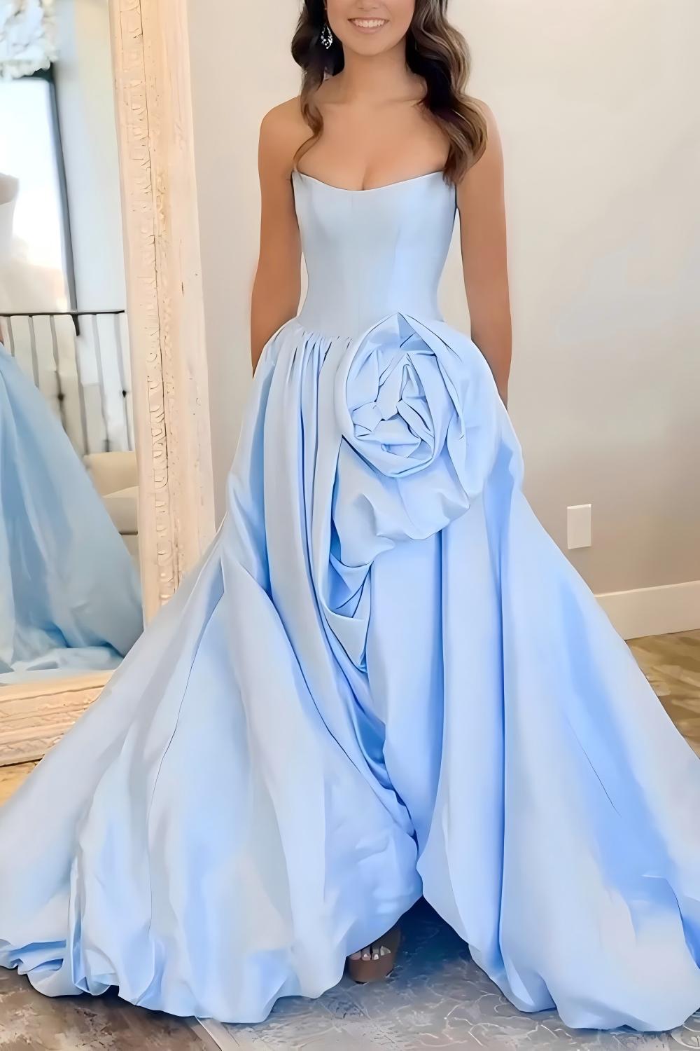 Romantic A-Line Rose-Embellished Strapless Satin Prom Gown