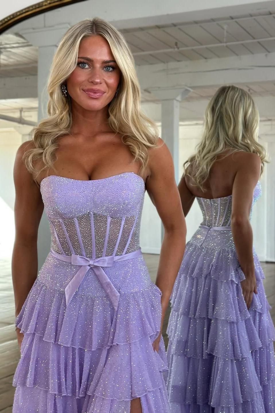 Romantic Lilac Ruffle Tiered Beaded Prom Dress with Corset Bodice