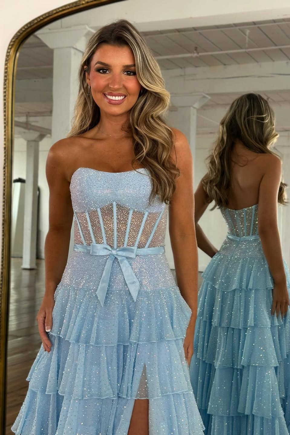 Romantic Lilac Ruffle Tiered Beaded Prom Dress with Corset Bodice