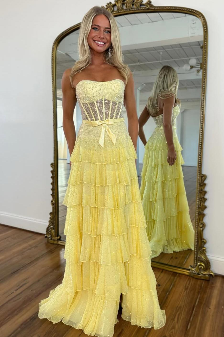 Romantic Lilac Ruffle Tiered Beaded Prom Dress with Corset Bodice