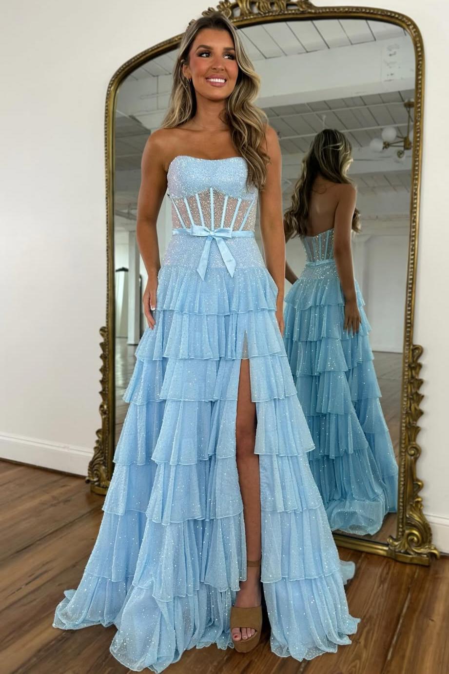 Romantic Lilac Ruffle Tiered Beaded Prom Dress with Corset Bodice