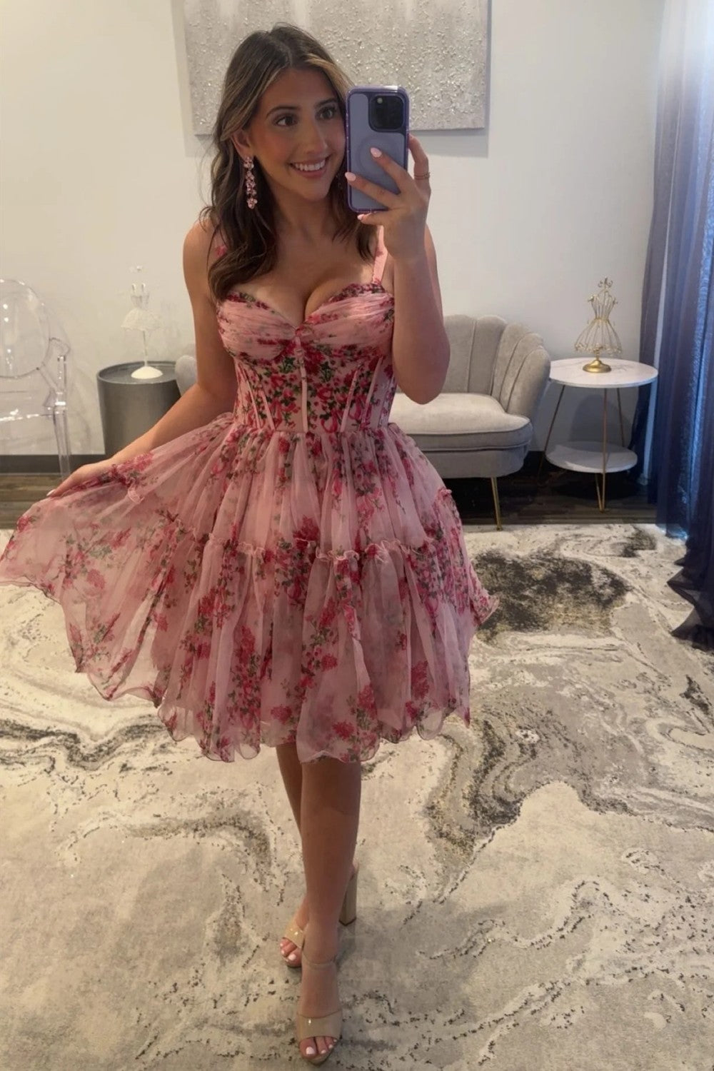 Romantic Pink Floral A-Line Straps Short Print Tulle Homecoming Dress