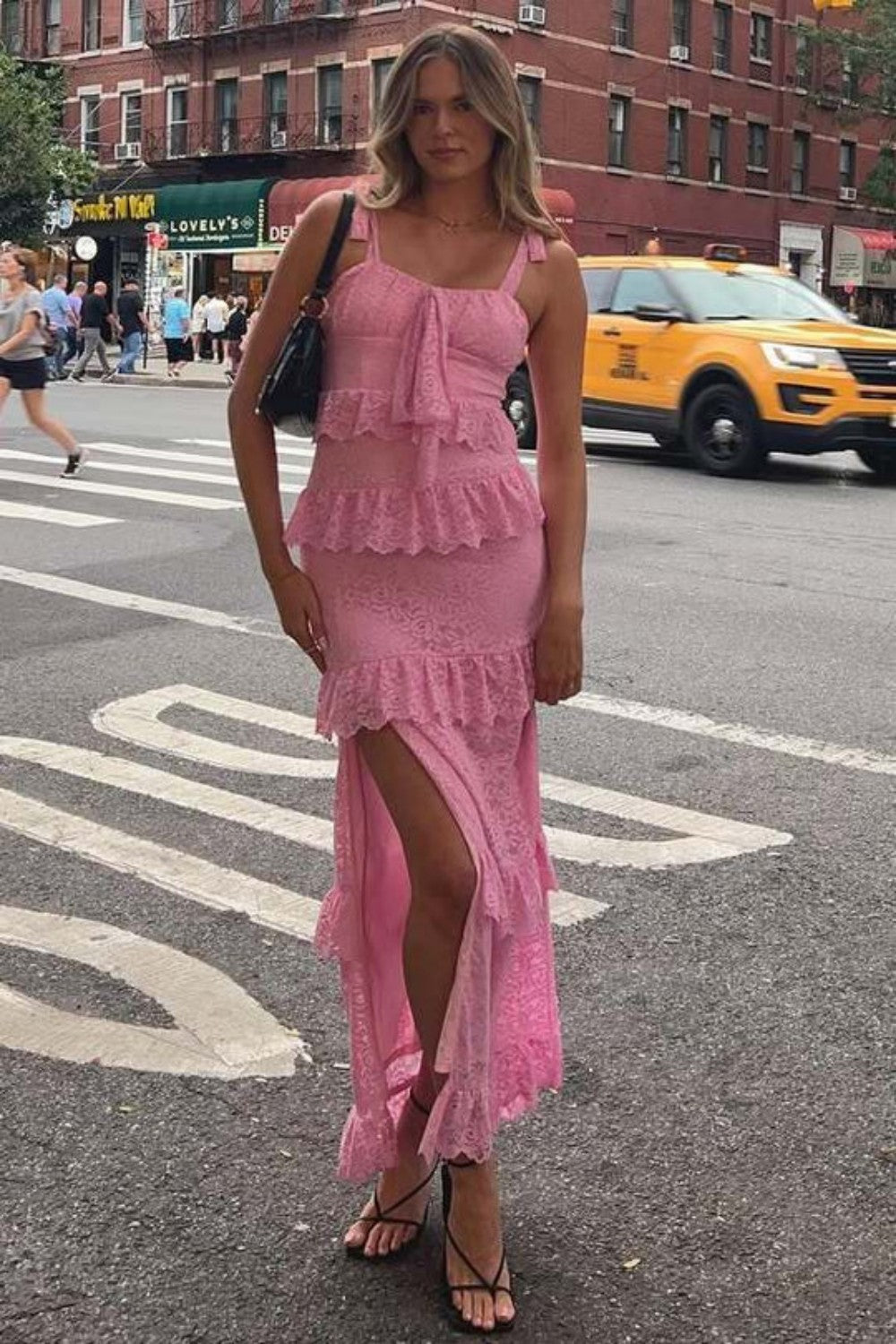 Romantic Pink Lace Prom Dress with Ruffle Tiers and Adjustable Straps