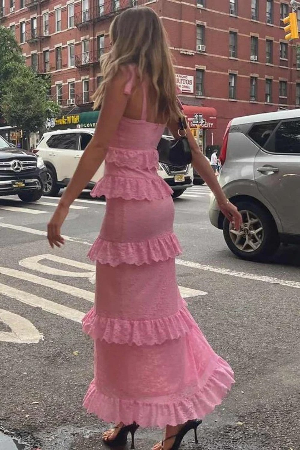Romantic Pink Lace Prom Dress with Ruffle Tiers and Adjustable Straps