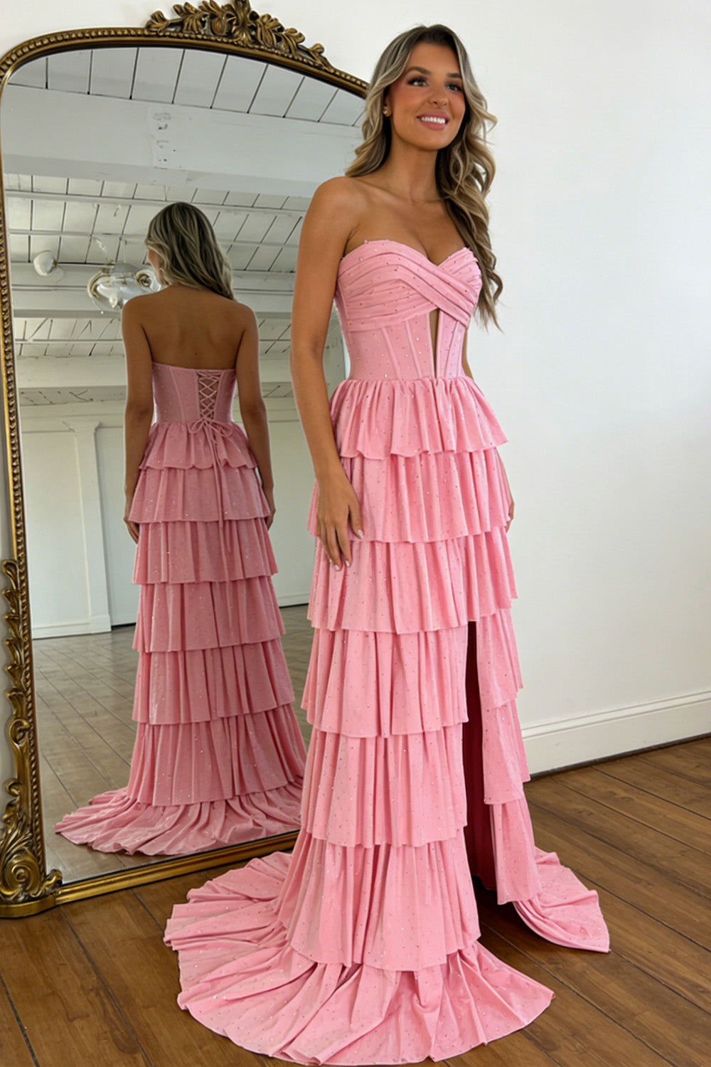 Romantic Pink Sweetheart Glitter Corset Prom Dress with High Slit and Ruffles