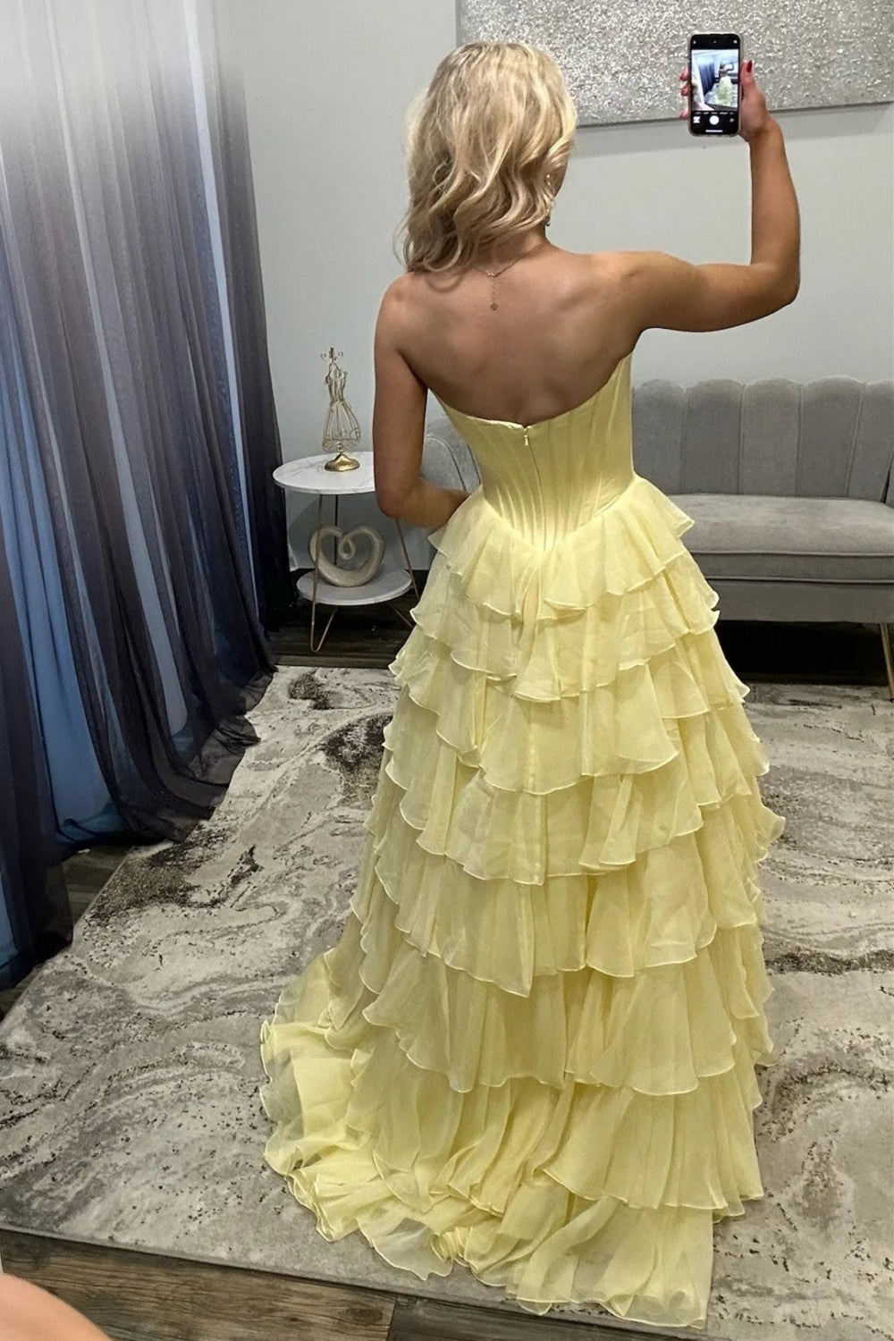 Romantic Yellow Sweetheart Corset Tiered Ruffle Chiffon Ball Gown Prom Dress