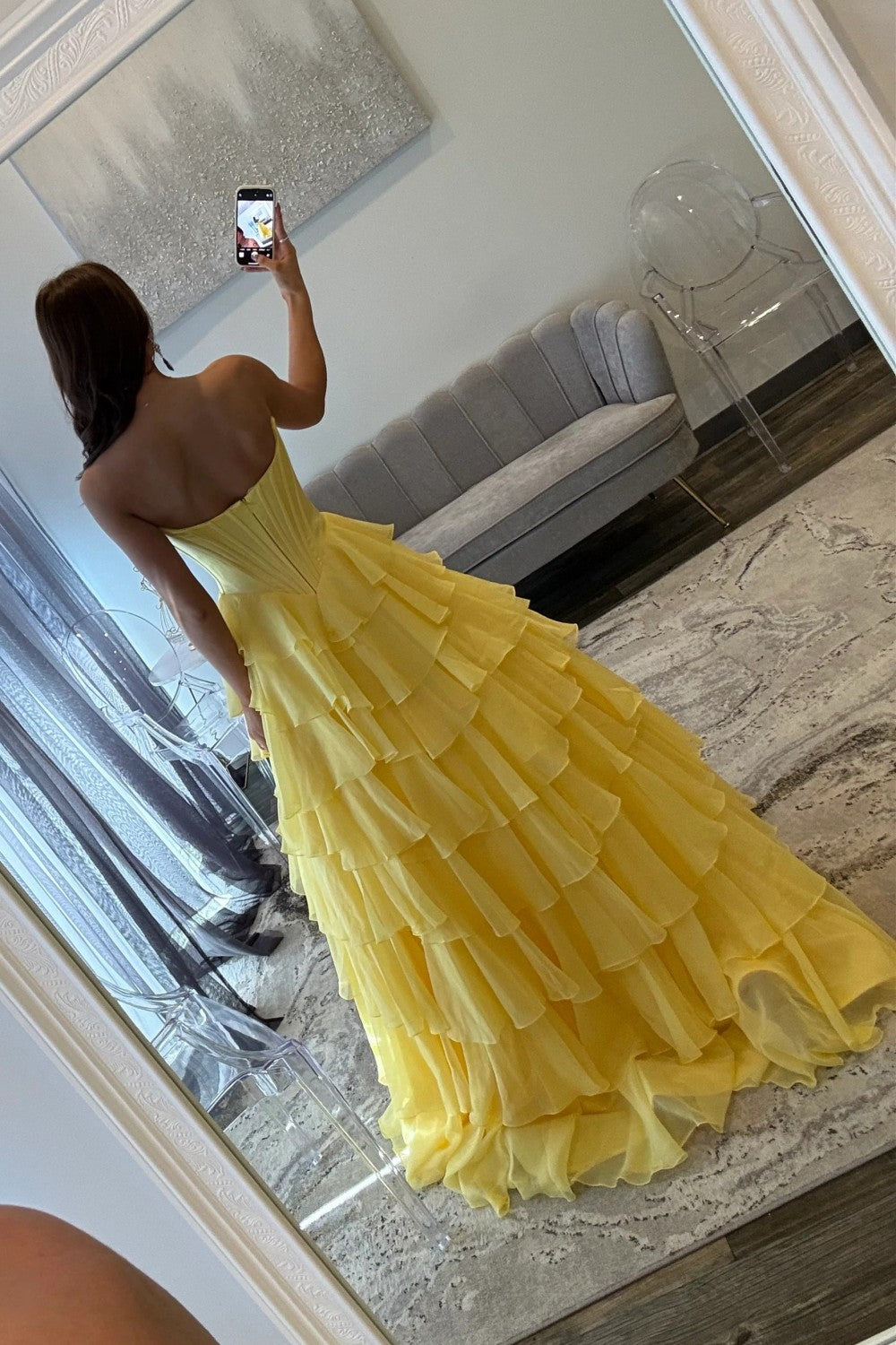 Romantic Yellow Sweetheart Corset Tiered Ruffle Chiffon Ball Gown Prom Dress