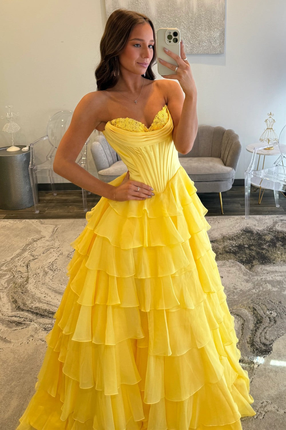 Romantic Yellow Sweetheart Corset Tiered Ruffle Chiffon Ball Gown Prom Dress