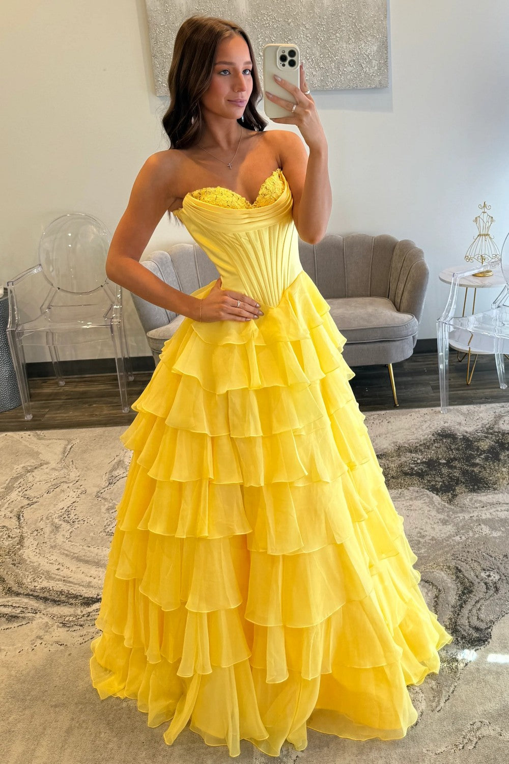 Romantic Yellow Sweetheart Corset Tiered Ruffle Chiffon Ball Gown Prom Dress