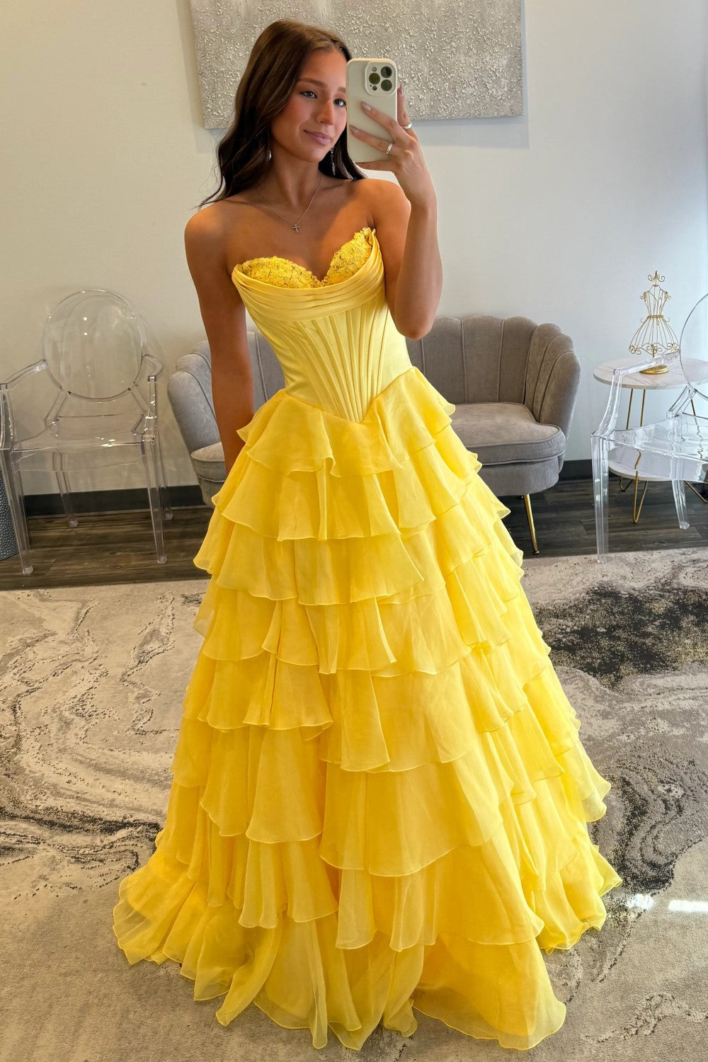 Romantic Yellow Sweetheart Corset Tiered Ruffle Chiffon Ball Gown Prom Dress