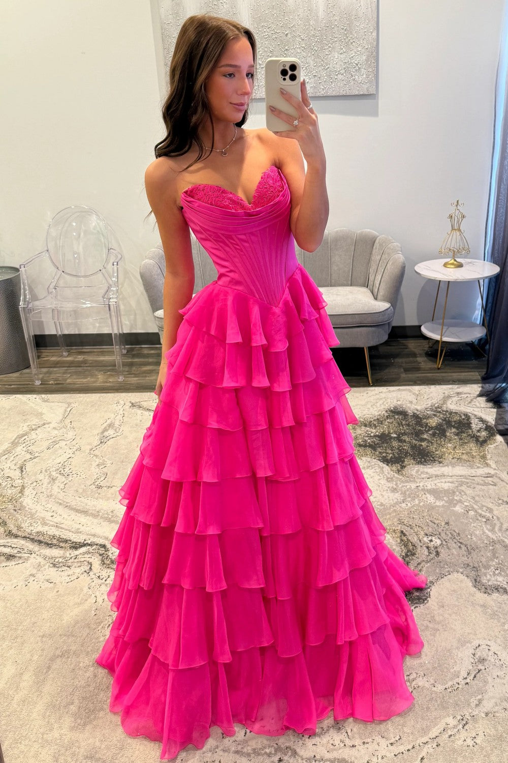 Romantic Yellow Sweetheart Corset Tiered Ruffle Chiffon Ball Gown Prom Dress
