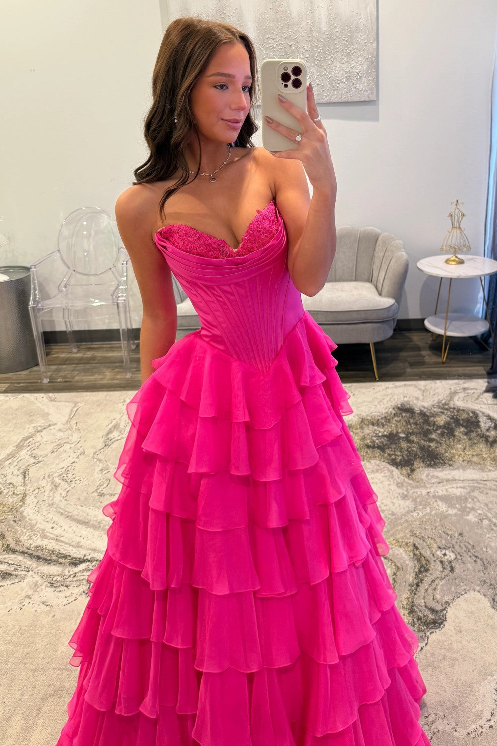 Romantic Yellow Sweetheart Corset Tiered Ruffle Chiffon Ball Gown Prom Dress