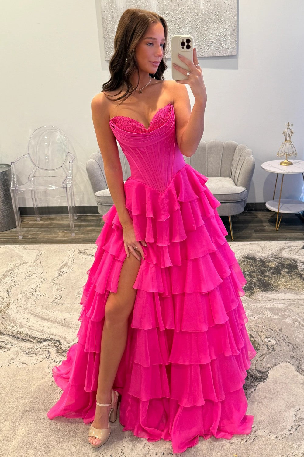 Romantic Yellow Sweetheart Corset Tiered Ruffle Chiffon Ball Gown Prom Dress